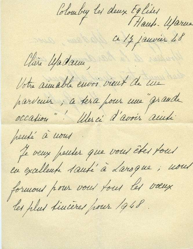 Lettre Yvonne janvier 1948